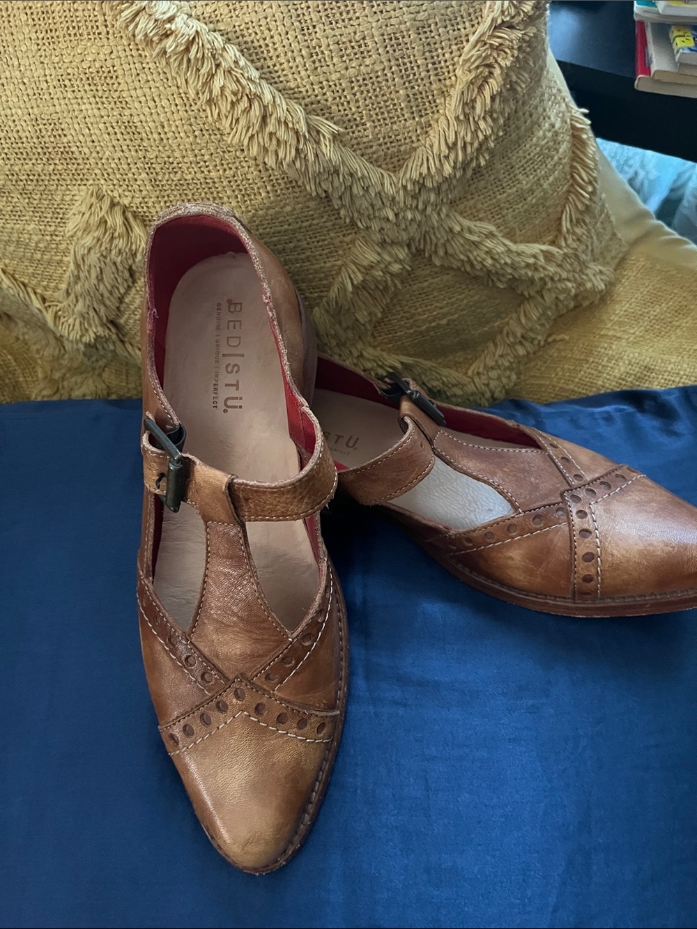 BED|STU Brown Leather T-Strap Brogue Flats
